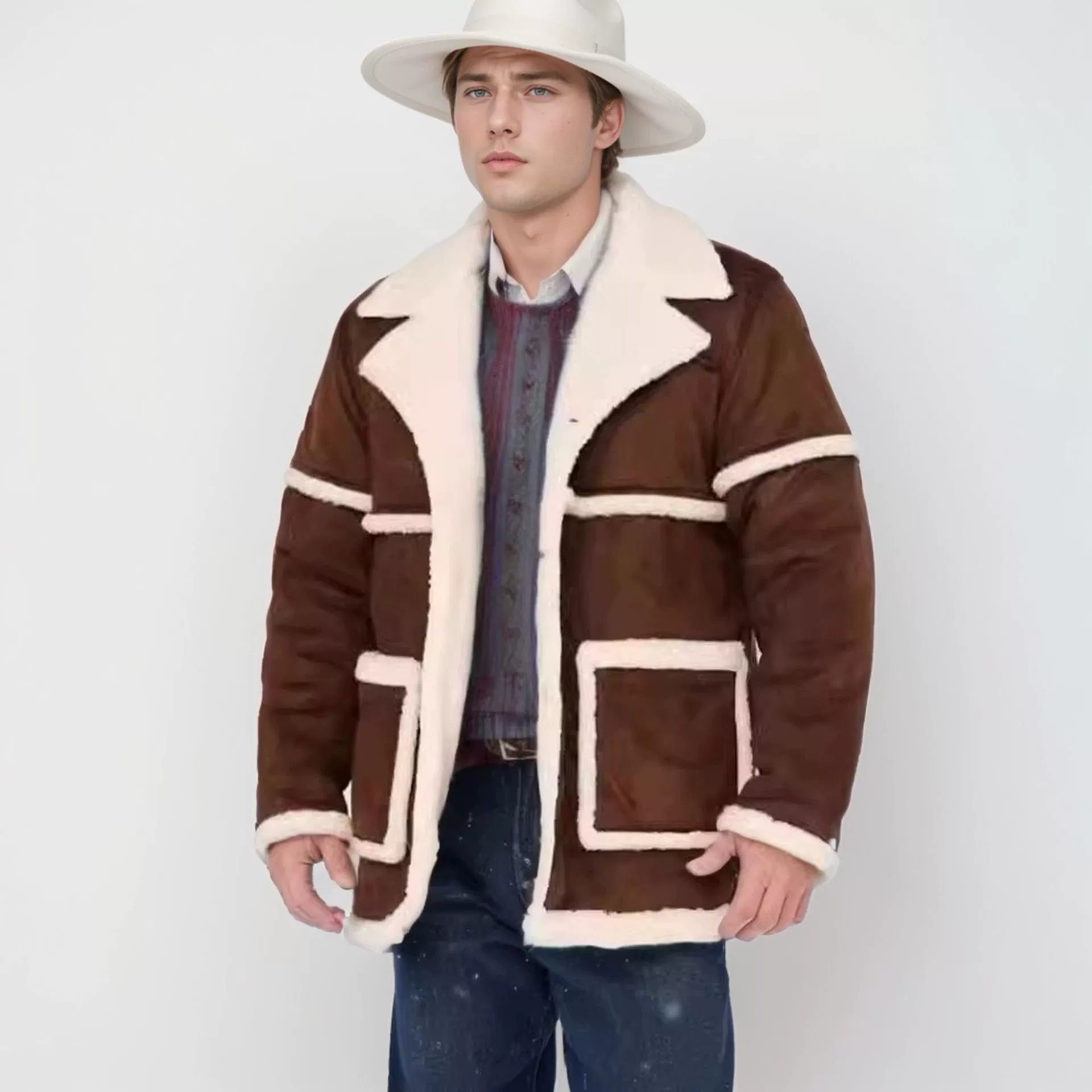 2024 внешняя торговля мужская плюшевая куртка толстая осень и зима английский стиль с лацканом меха