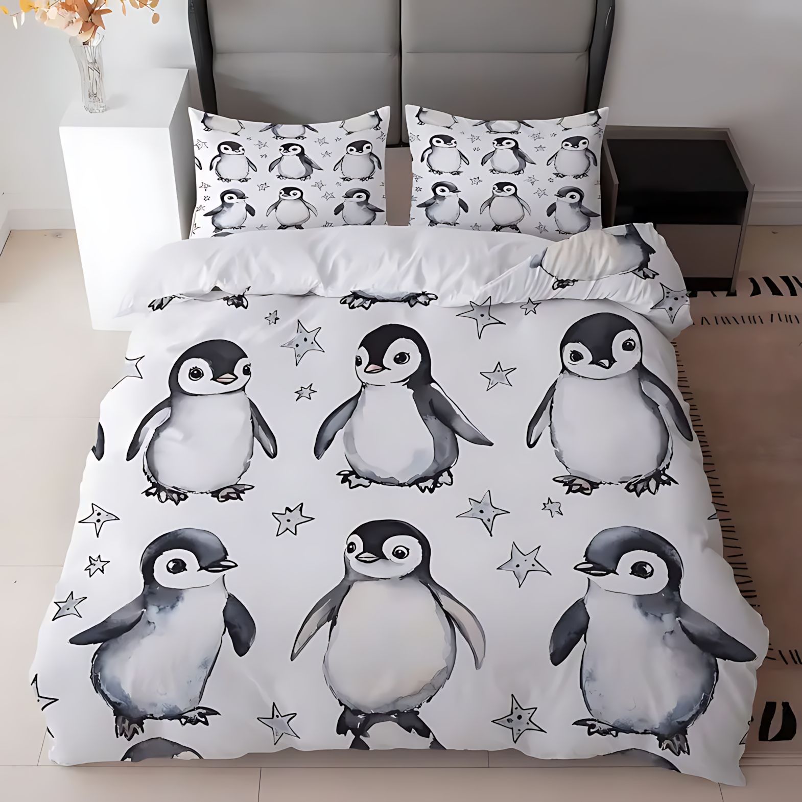 TEMU / JIT cómodos edredón conjunto encantador dibujos animados pingüino impresión digital se puede ajustar
