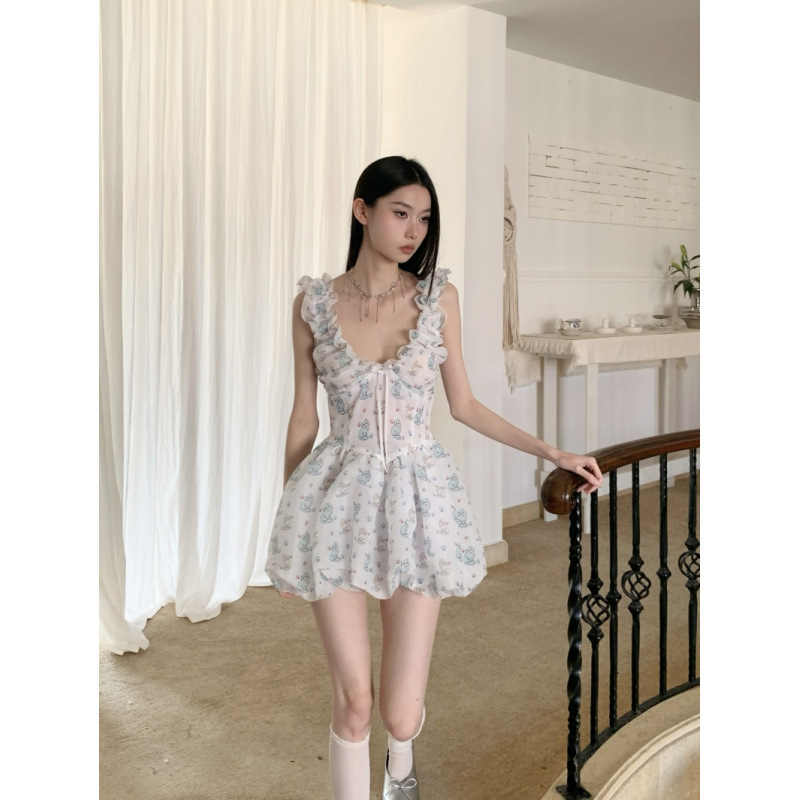 Nanyou Designer dress 2025 Summer New Hand-painted Graffiti Cat miumiu Bud V-neck Skirt