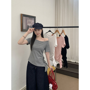 2025 Summer New chubby girl plus size Women's Design Shoulder Ruffled Strap Irregular Short-sleeved T-shirt