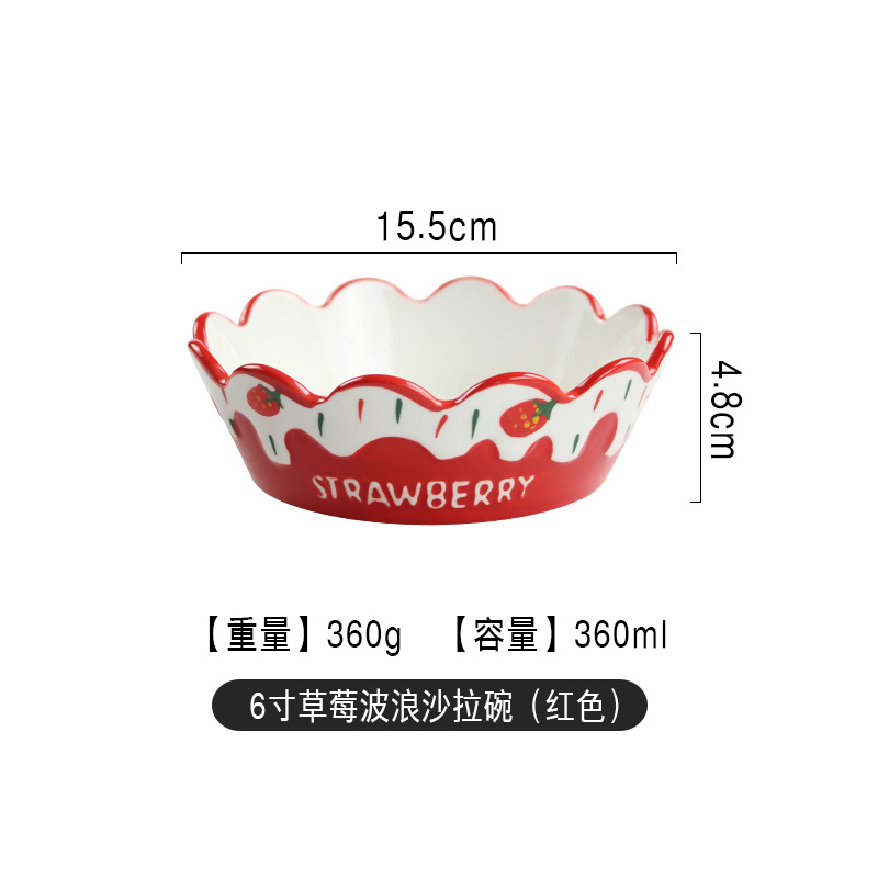 Juego de vajilla de cerámica de la serie de fresa en relieve Taza de desayuno pintada a mano Tazón de arroz Tazón de sopa de fideos Tazón de ensalada Plato de comida poco profundo