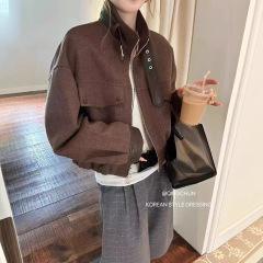 欧洲站设计感立领撞色拼接防羊毛呢外套女25秋季新款显瘦夹克上衣