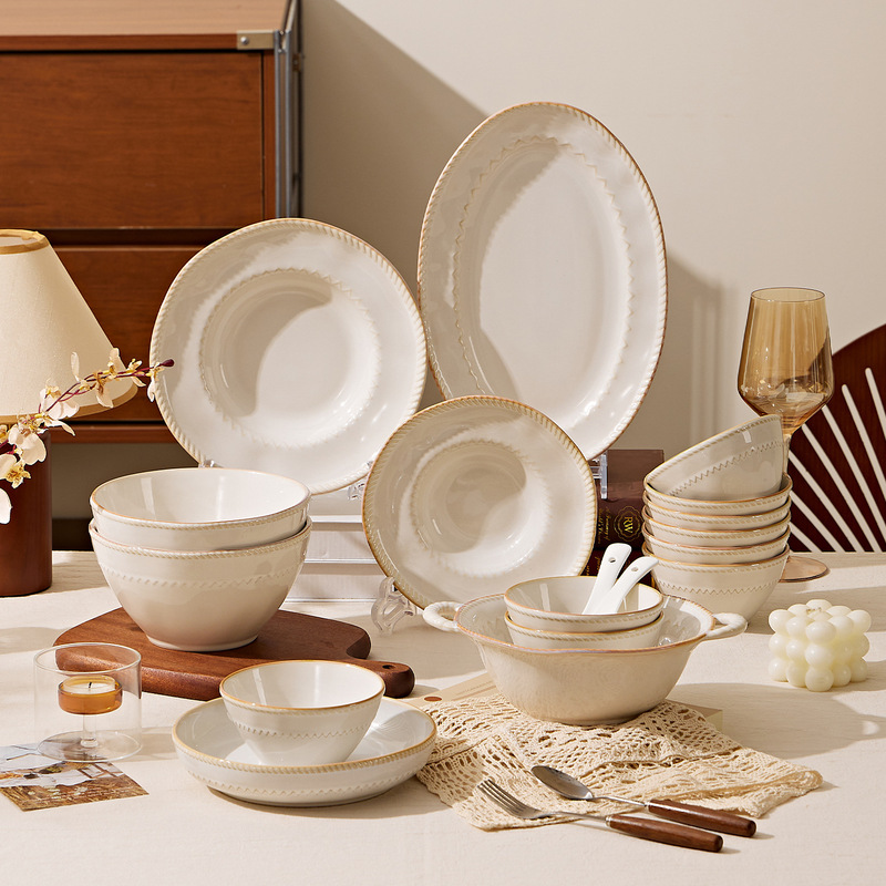 Vintage White Ceramic Rice Bowl with Underglaze Color, Household Porcelain Bowl and Plate Set, High-Value Ceramic Bowl and Plate Set from Xiaohongshu