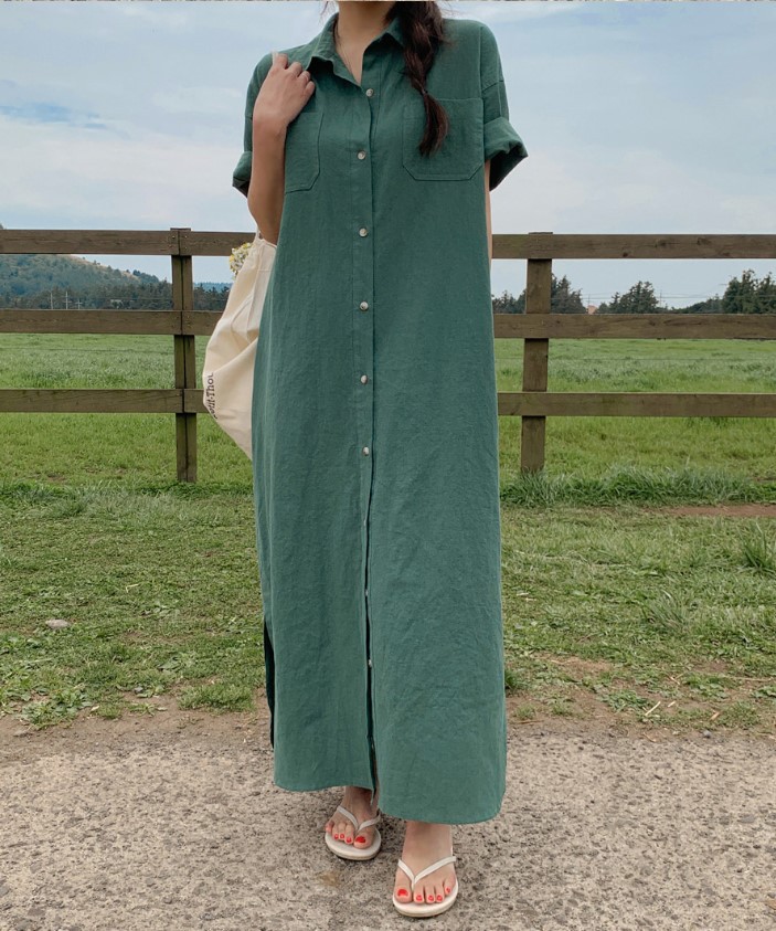 Korean Summer Short Sleeve Long Pattern Dress Loose Lazy Over The Knee Shirt Dress Women