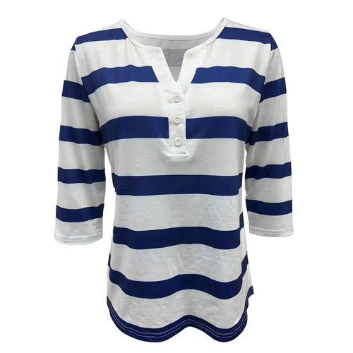 Summer 2025 European and American Leisure V-neck Button Striped T-shirt for Women, Fashionable and Versatile