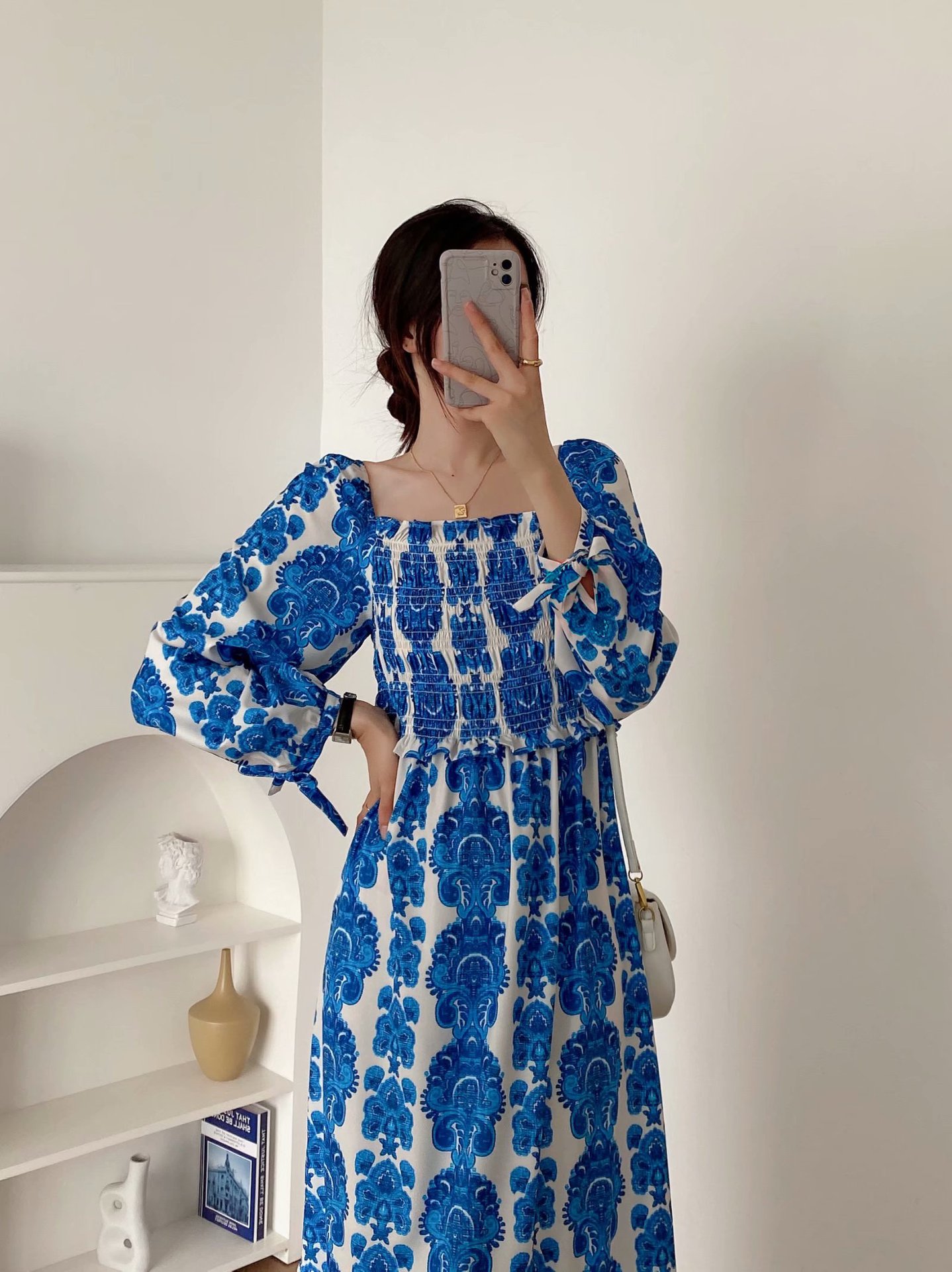 summer square collar blue floral print long-sleeved dress nihaostyles wholesale clothing NSAM82485