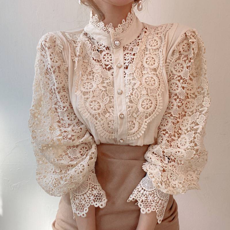 South Korea Spring and Summer Retro French Niche Design Sense Palace Style Top Lace Collar Long Sleeve Shirt for Women