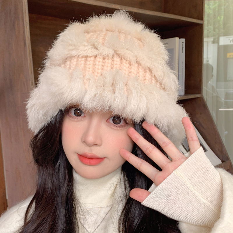 秋冬新款伪兔毛渔夫帽女款毛线帽大帽檐显脸小保暖加厚护耳醒狮帽|undefined