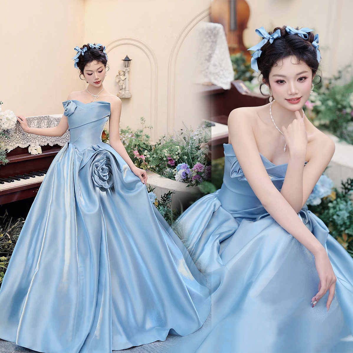 Evening Dress New Elegant Blue Flower Bride Engagement Wedding Toast Dress Birthday Party Host Wedding Dress