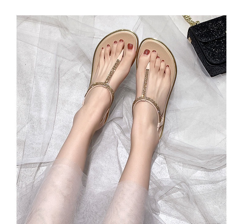 Sandalias de chanclas de diamantes de imitación de fondo plano de moda para mujer, estilo de hadas, zapatos romanos antideslizantes de fondo suave, zapatos de playa de todo fósforo