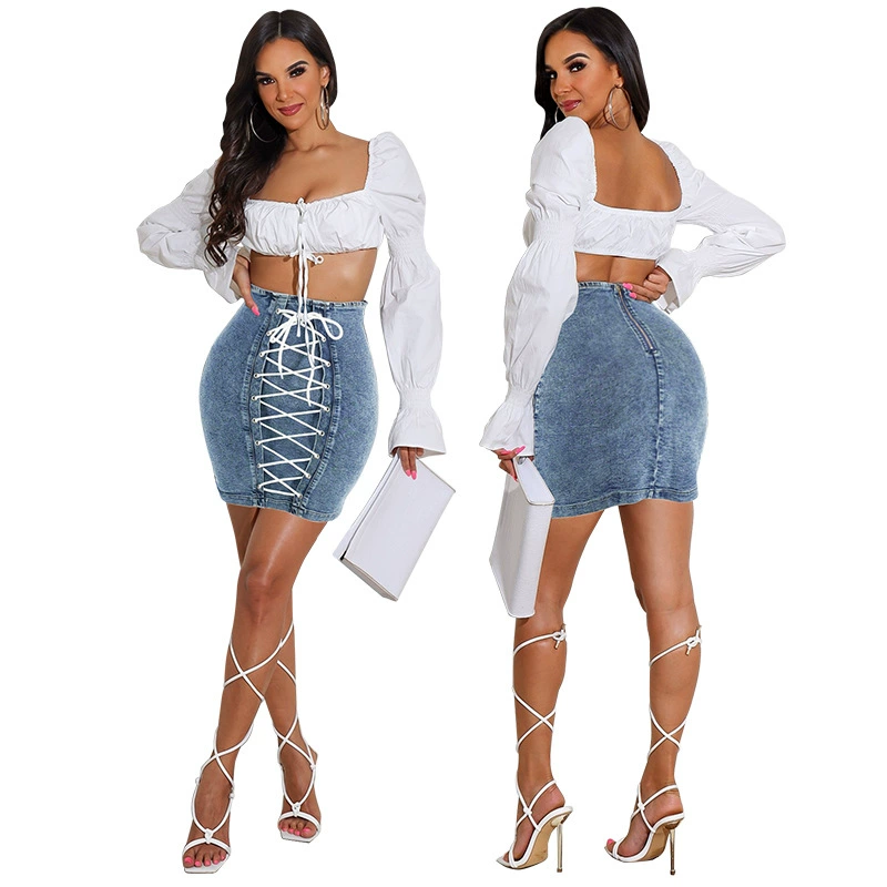 21850 Трансграничная Европейская и американская Женская Осенняя новая сексуальная джинсовая юбка 2021 года, кукурузная носимая веревка, новинка Amazon