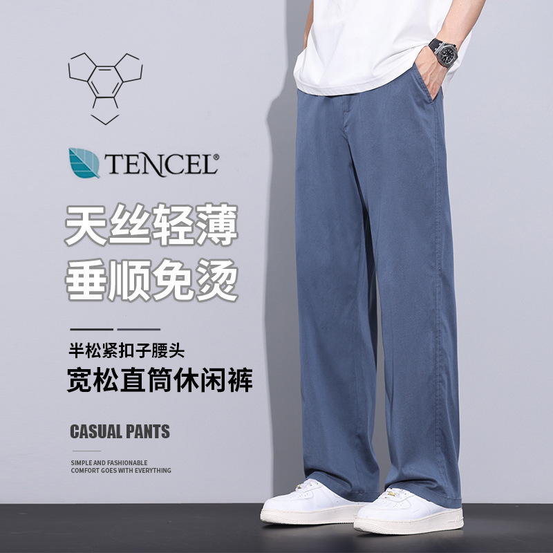 2025 Spring/Summer Thin Tencel Casual Pants for Men Versatile Non-Iron Men's Semi-Elastic Straight-Leg Pants Thin Men's Long Pants