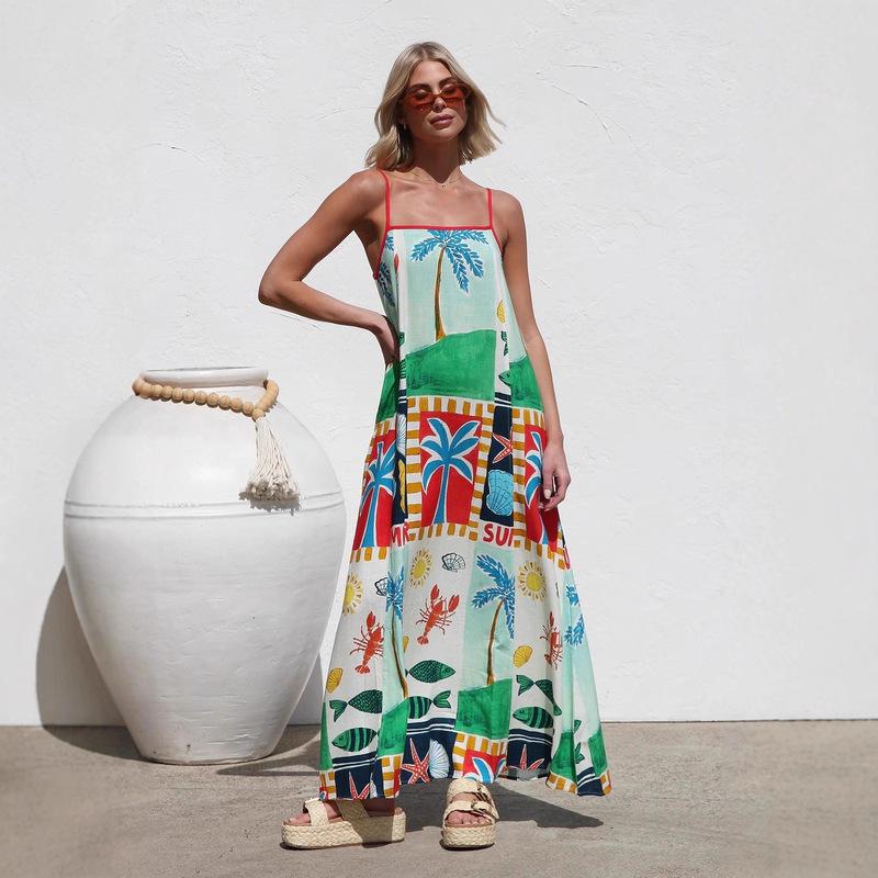 Cross-Border Amazon 2026 Spring and Summer New Loose Casual Printed One-Line Collar Suspender Long Skirt Holiday Style Dress