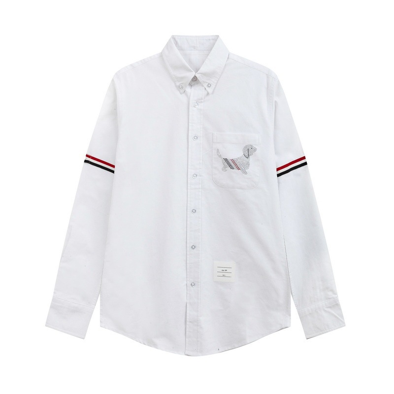 Tb jl Oxford Spinning Puppy Pattern Long-sleeved Shirt with Diamond on Chest Casual White All-match Unisex Shirt