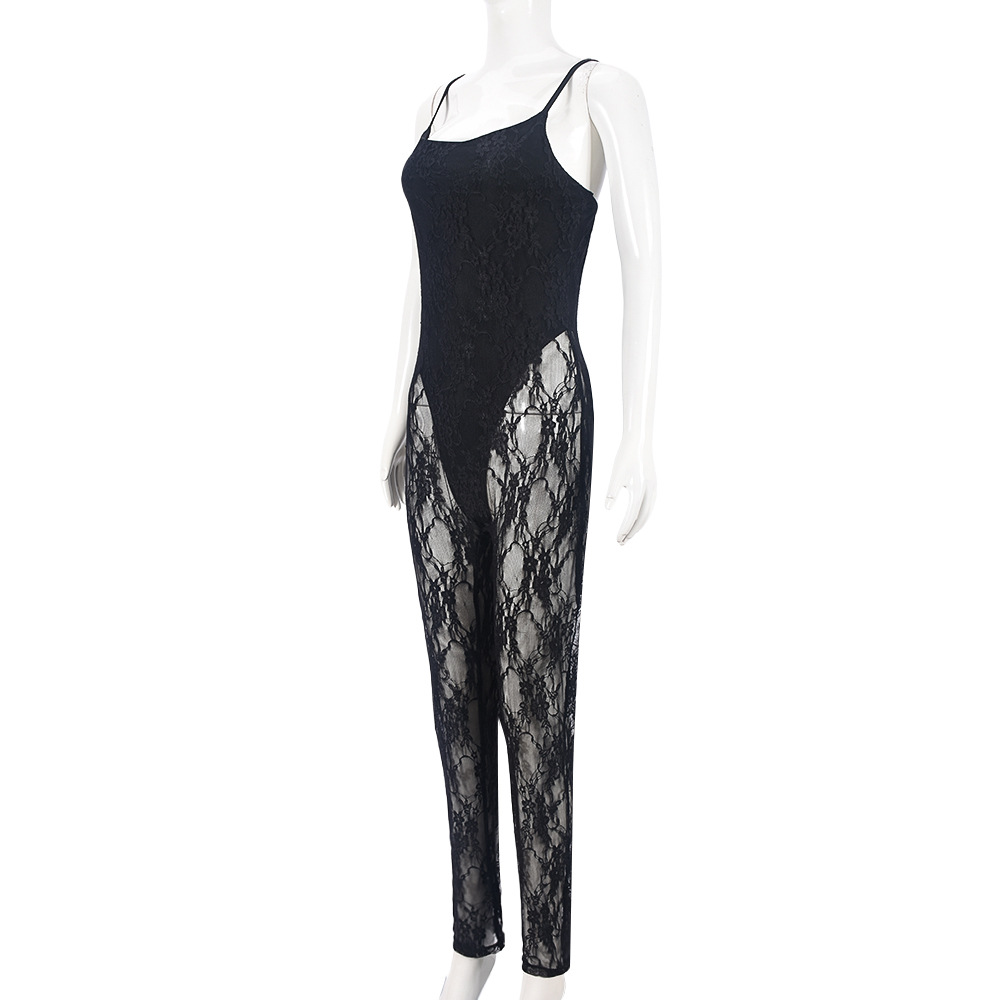 Sexy Fall Women Clothing Sling Stitching Sheer Cutout High Elasticity Jumpsuit