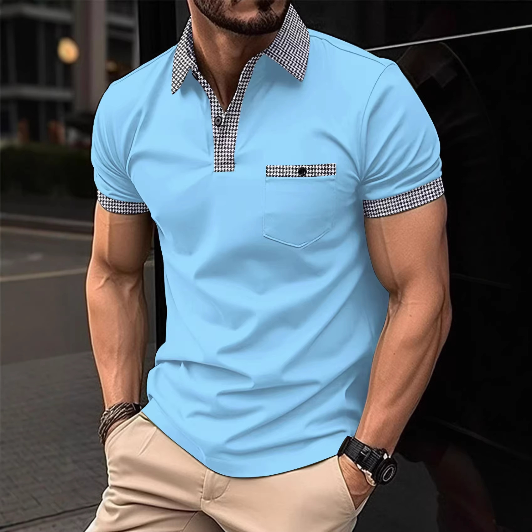 Short-Sleeved Houndstooth Men's Clothing Plus Size Summer Men's Thin Solid Color Short-Sleeved Polo Shirt with Lapel Zipper Slim Fit Top t