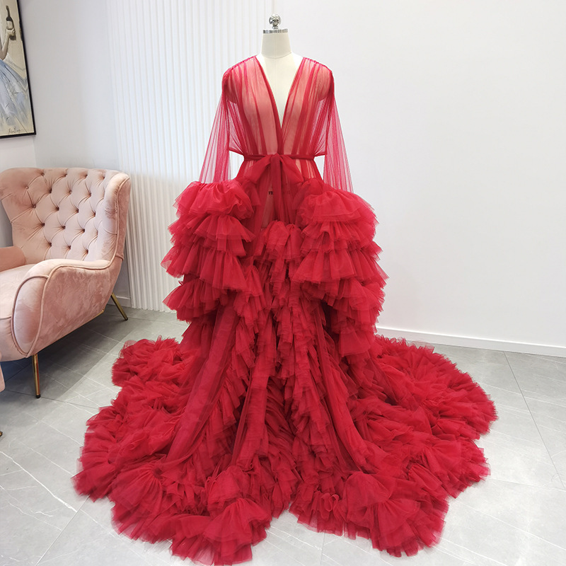 [Molia] New Soft Mesh Multi-level Bridal Morning Gown Red Pregnant Women dress Photography