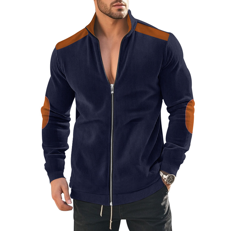 Autumn men's weighty European cotton wool patchwork color contrast zipper long sleeve jacket men's coat_voghion.com