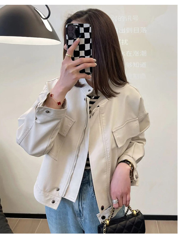 皮衣皮夹克女秋季薄款短款立领拉链复古港风街头风短外套女A6753|undefined