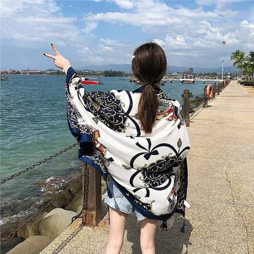 Beach shawl sunscreen scarf silk scarf summer travel photo ethnic style seaside vacation scarf versatile long women