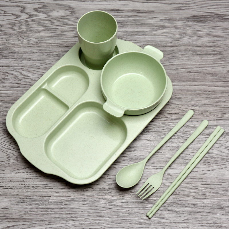 小麦わら児童食器セット幼稚園児童仕切り皿ボウルスプーン箸六点セットロゴ|undefined