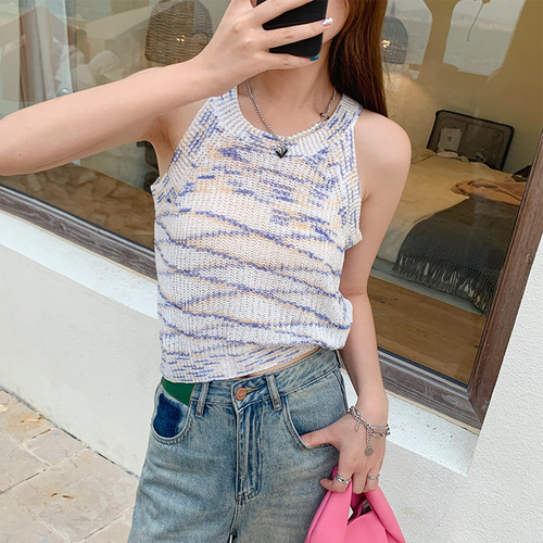 2024 Korean Style Summer Design-Focused Niche Rainbow Thin Sheer Knit Camisole Backless Tank Top