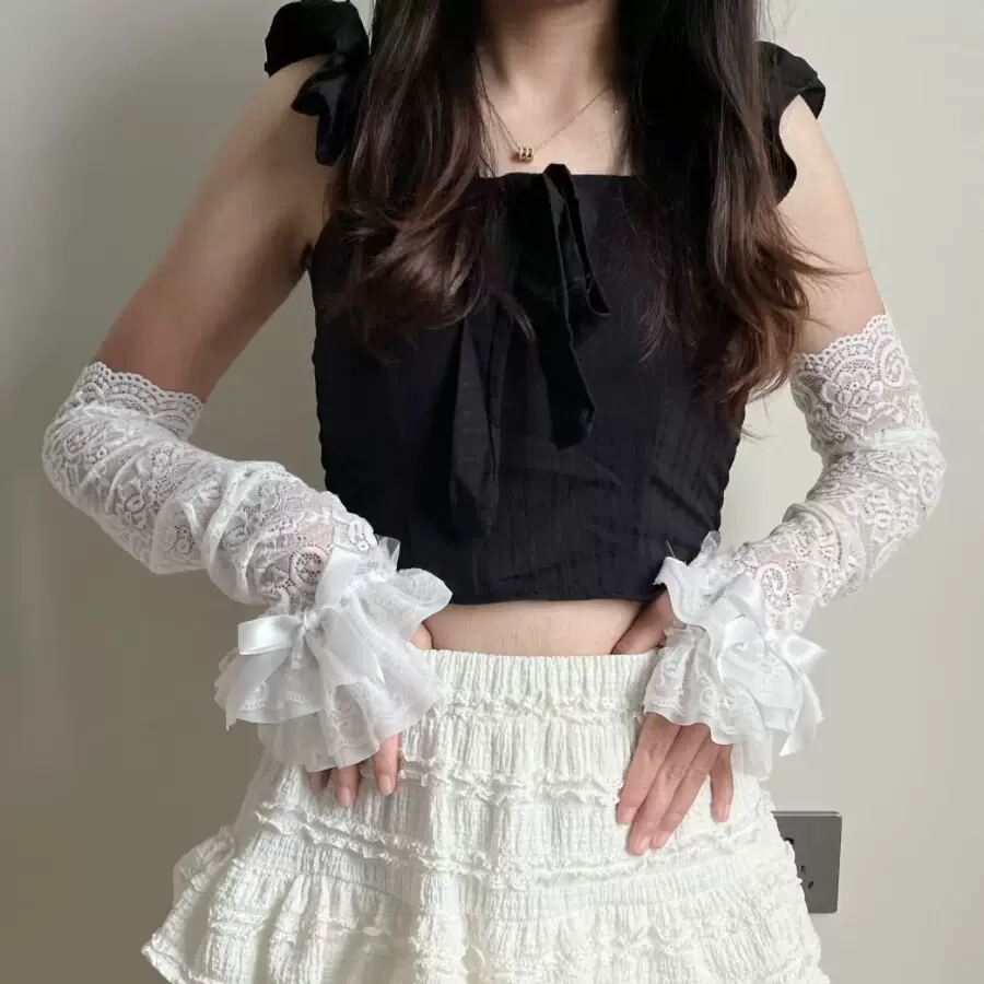少女花边蕾丝蝴蝶结手套ins潮夏季防晒镂空纯色y2k亚文化甜美袖套