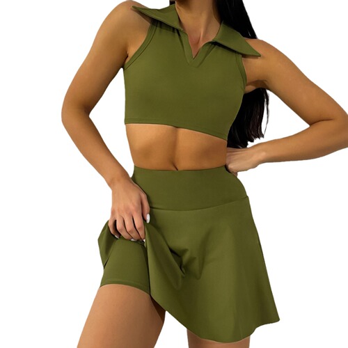 Yoga clothes for women summer new style shirt collar yoga vest fake two-piece high waist anti-exposure yoga sports skirt suit