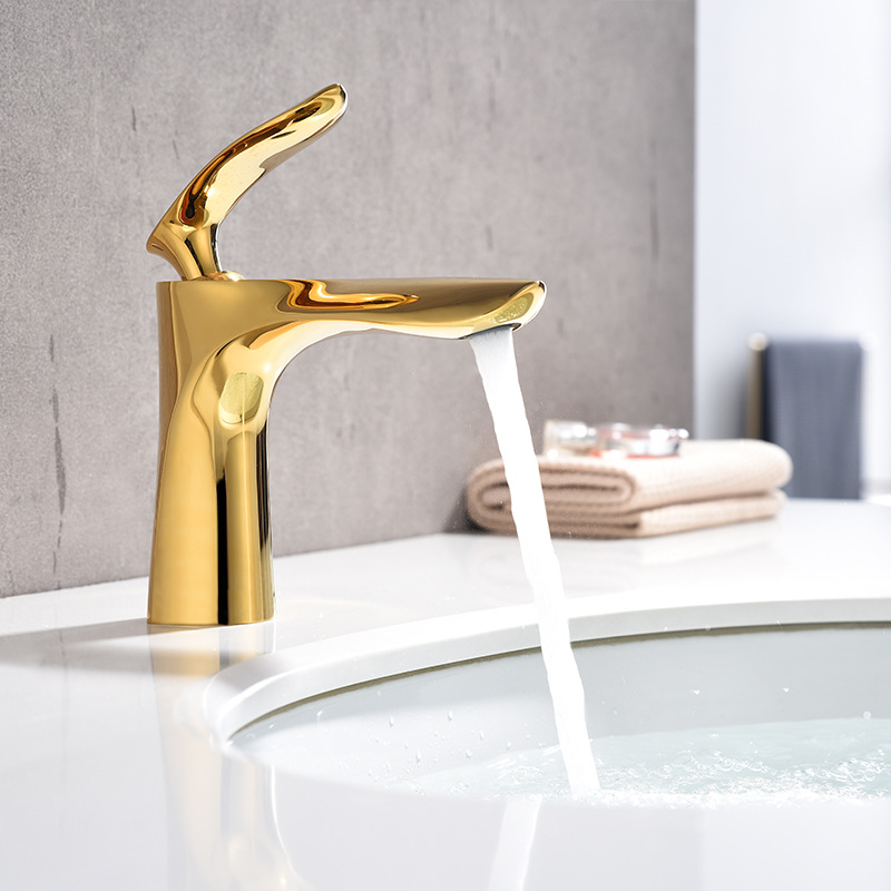 Jiumu all-copper Nordic-style golden washbasin faucet, bathroom, single-hole cold and hot water washing basin, washbasin and countertop details Picture