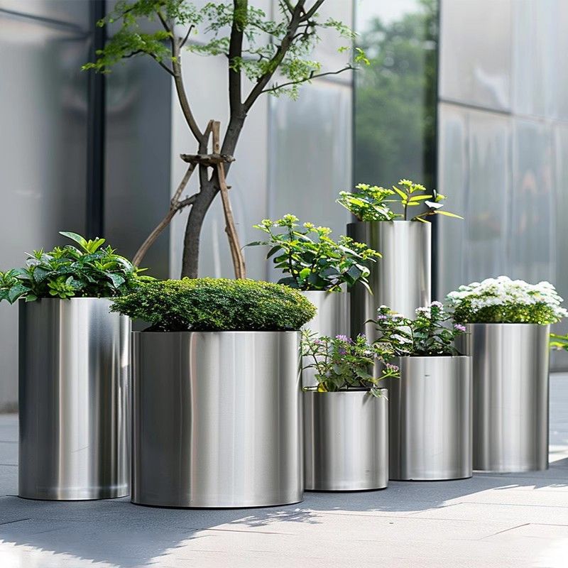maceta de flores cilíndrica de acero inoxidable maceta de flores cilíndrica al aire libre de alta calidad maceta de flores de jardinería simple caja de flores metálica grande caja de flores image 4