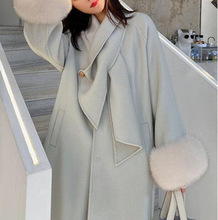 一见倾心袖口狐狸毛双面羊毛大衣女2022冬设计感围巾领羊毛呢外套