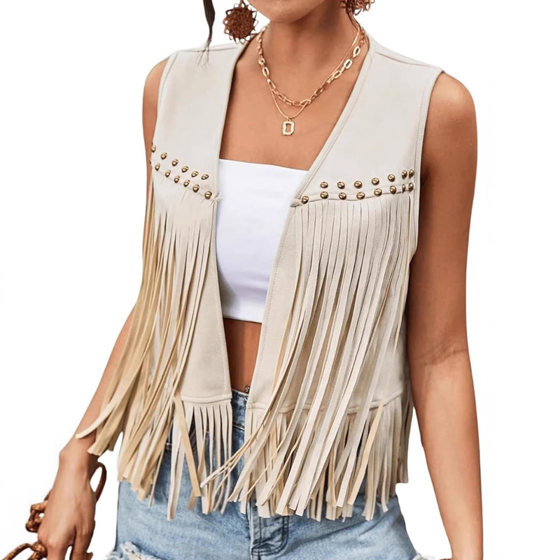 2026 New Style Tassel Imitation Suede 70S Hippie Jacket Vest Cross-Border European and American Cardigan Sleeveless Vest for Women
