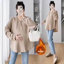 实拍现货2023新款孕妇装加绒加厚半拉链连帽刺绣华夫格套头卫衣冬