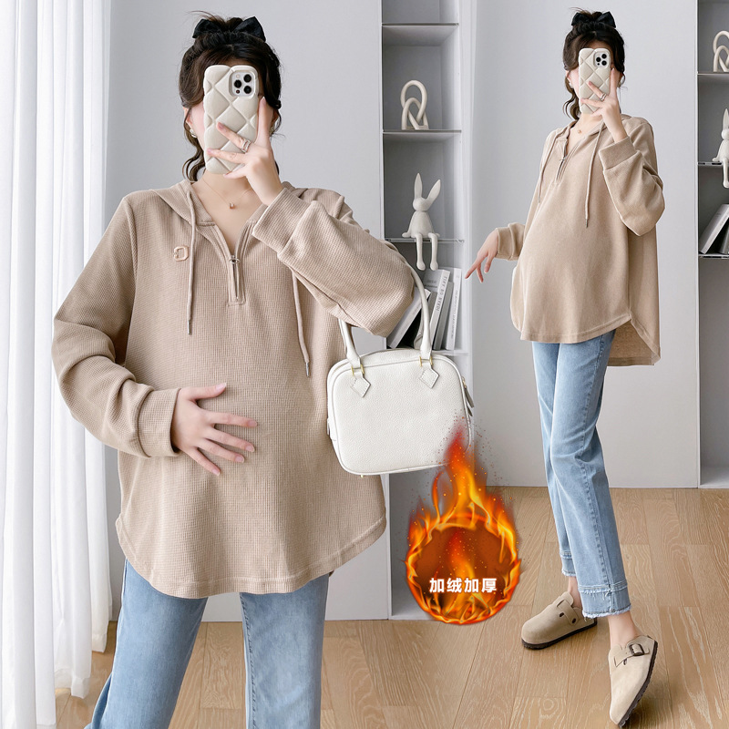 实拍现货2023新款孕妇装加绒加厚半拉链连帽刺绣华夫格套头卫衣冬