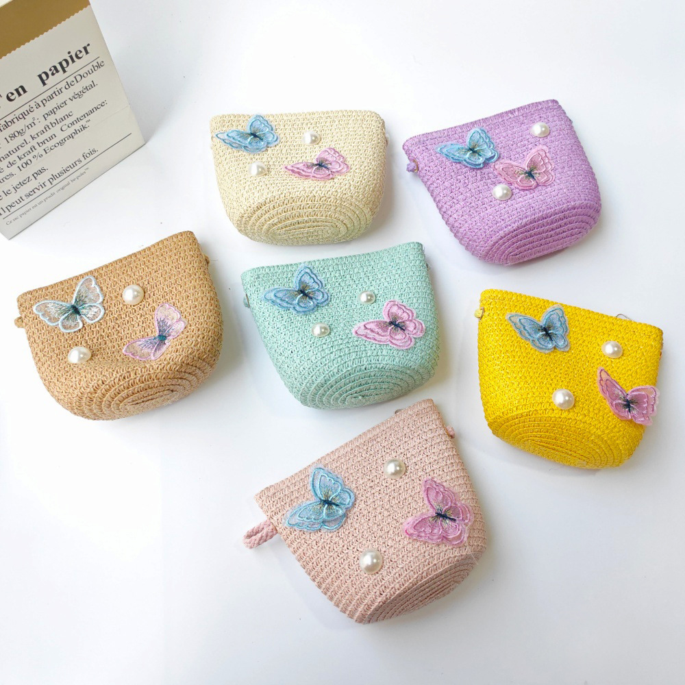 Butterfly Straw Bag for Girls, New Summer Mini Crossbody Bag, Children's Pearl-Decorated Bucket Bag, Holiday Coin Purse