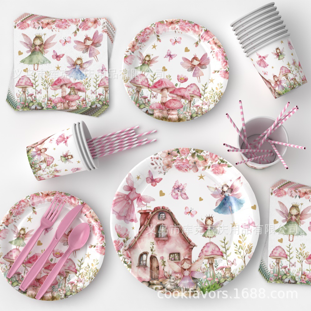 Nueva primavera flores hadas fiesta bandeja de papel desechable tazas de papel toallas de mesa cubiertos decoración de fiesta de cumpleaños para niños