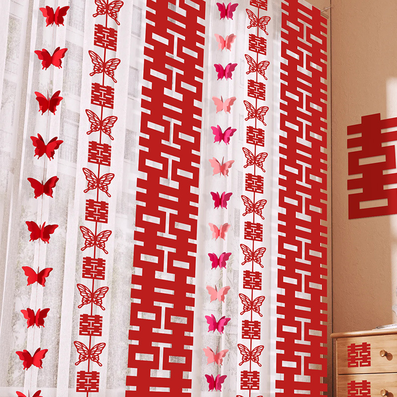 Wedding room layout set decoration wedding three-dimensional butterfly curtain pendant bedroom new house latte art long happy word stickers