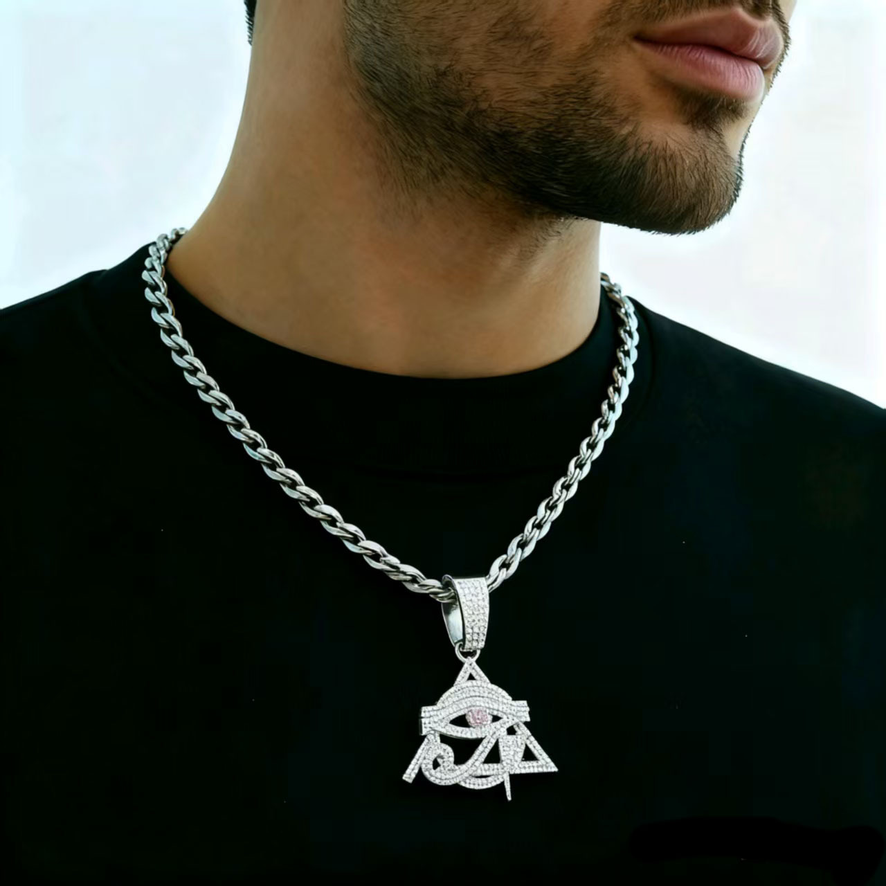 Nuevo colgante de diamantes de imitación de aleación Horus Eye con collar de giro de 5MM joyería de hip-hop para hombres al por mayor