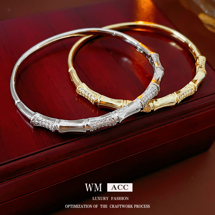 Pulsera con hebilla de bambú de circón galvanizado en oro real, nueva pulsera exquisita de todo fósforo de estilo chino, joyería de moda de alta gama de lujo ligero