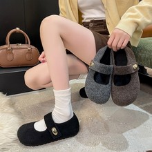2025冬季魔术贴圆头勃肯鞋灰色晚风绒面复古CM毛毡晚玛丽珍鞋