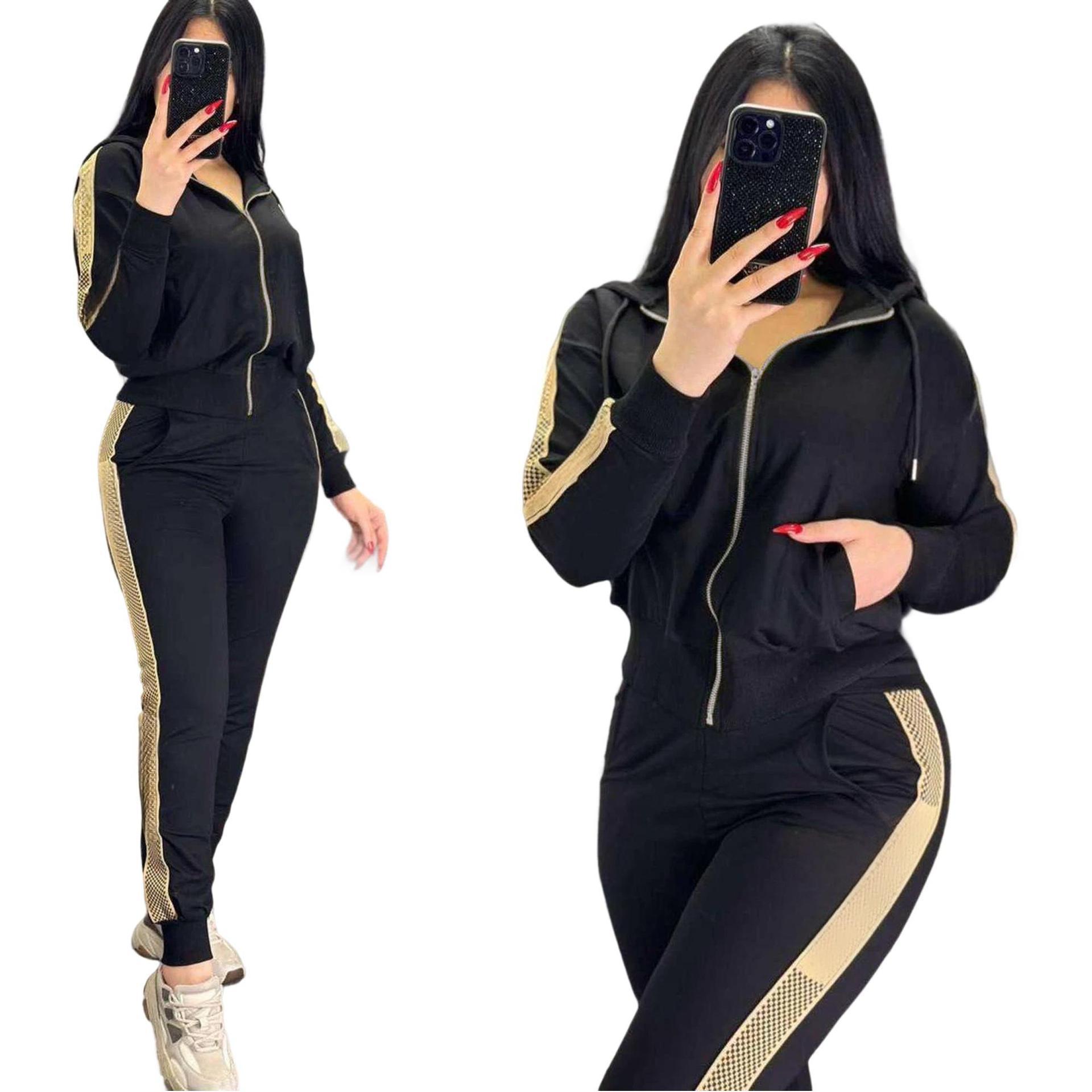 European and American Cross-Border Sports Suits, Autumn and Winter Fashionable Hooded Elegant Commuter Slim-Fit Embroidered Two-Piece Set J5089
