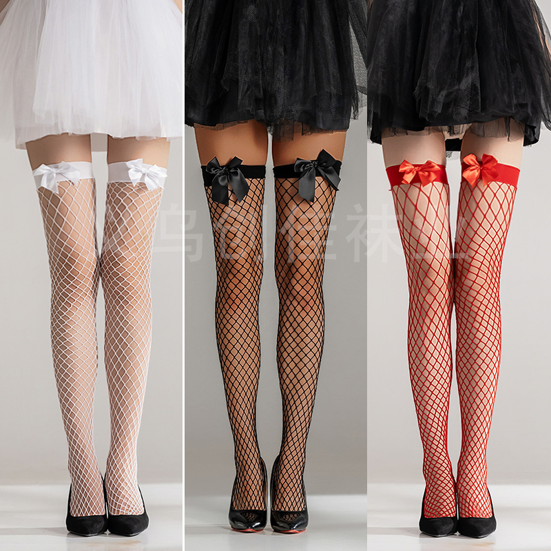 White, Black, and Red Lace-Trimmed Fishnet Stockings for Women, Lolita Style, Long Over-The-Knee Thin Jk Socks, Shaping and Anti-Slip
