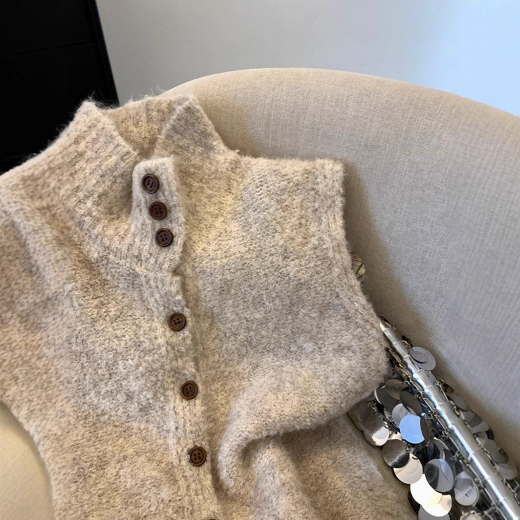 Apricot Soft Waxy Knitted Vest Cardigan for Women Autumn and Winter New Korean Style Loose Stand-Up Collar Sleeveless Sweater Vest Jacket Trendy