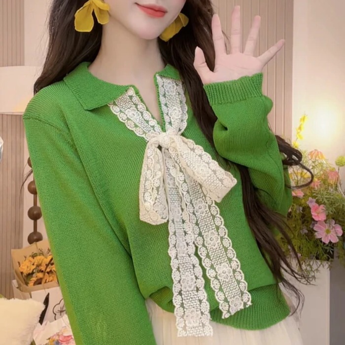 2025 Fashionable Elegant Stand-Up Collar Long-Sleeved Splicing Lace Fashionable and Breathable Casual Knitted Spring & Fall New Tops