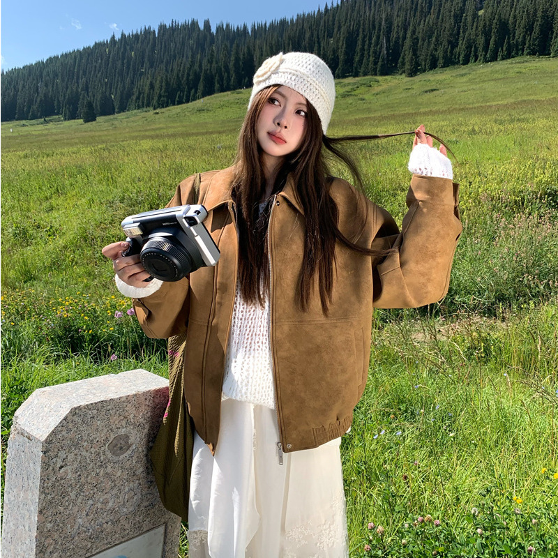 Maillard Retro Long-Sleeved Jacket for Women 2025 Autum New Loose Lapel Casual Motorcycle Jacket