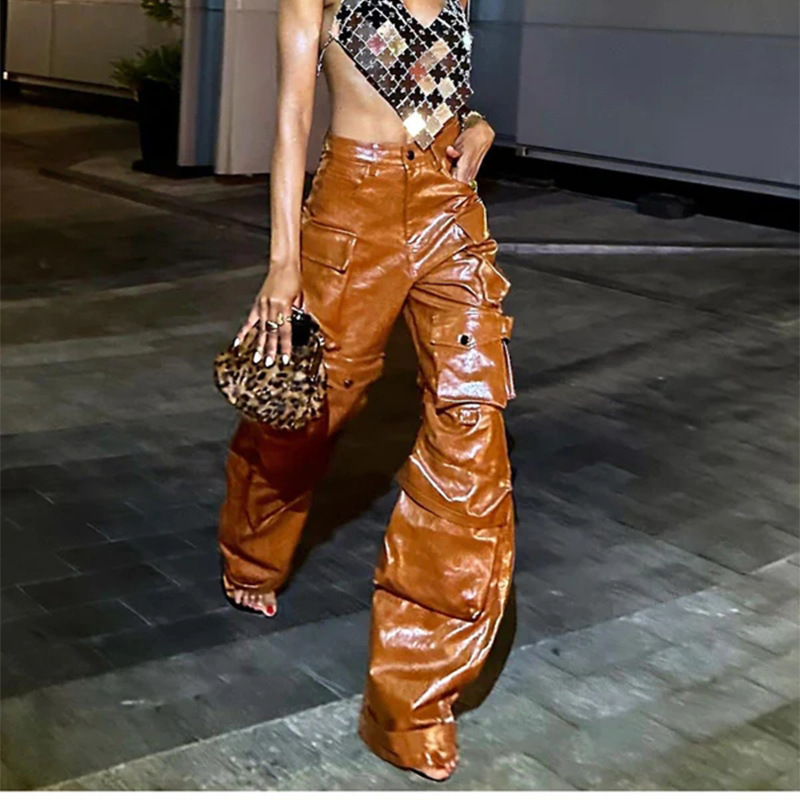 Multi-Pocket Cargo Pants 2026 Spring New Fashion Stylish Patchwork Loose Pu Leather Pants Casual Wide-Leg Pants for Women