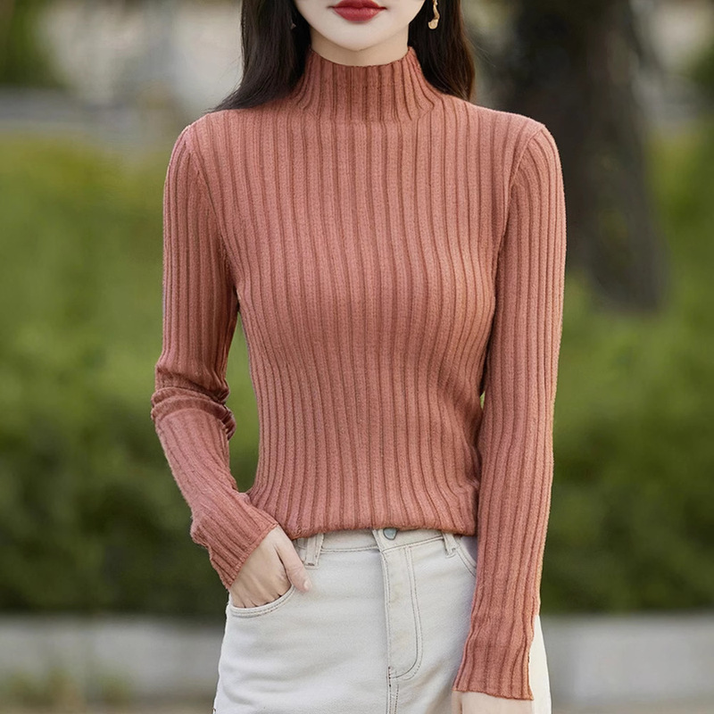 Pure Cotton Line Garment Semi-high Collar Pit Knitted Sweater Autumn and Winter New Fashion All-match Breathable Long-sleeve Base Shirt