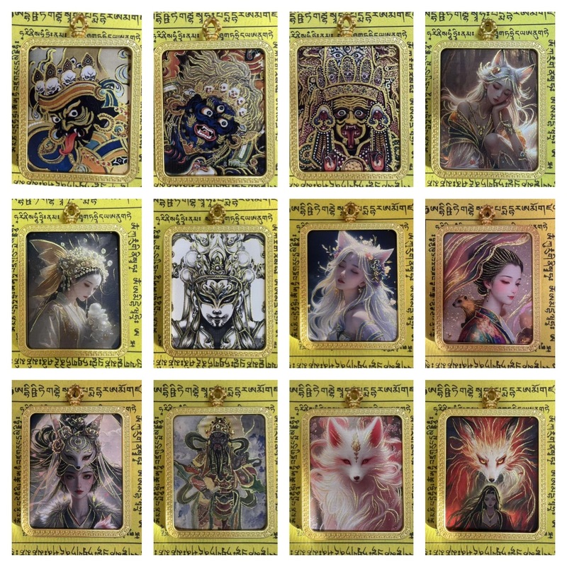 タンカ チベット手描き金塗装粗鉱石絵画コア国民トレンドペンダント九尾キツネ ザキラム ビッグブラックデーツ|undefined