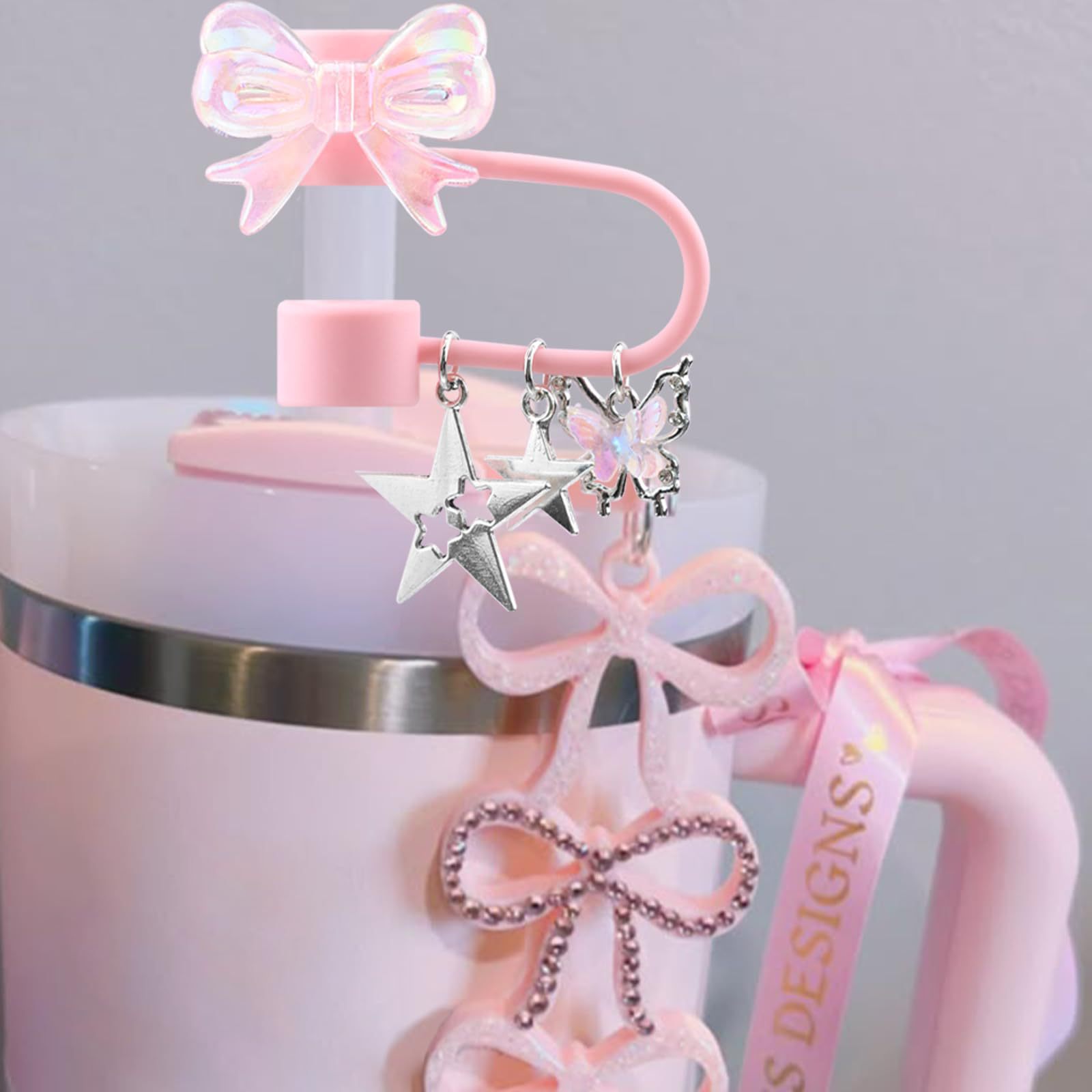 35g Weight Straw Decorative Cap Kitchen and drinking utensils Star, Bow Knot Pattern Cute Style Cute Star Bow Knot Silica Gel Straw Decorative Cap 1 Set 7