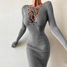 YJ24364MHO毛织裙正反两穿镂空细带修身连衣裙欧美秋季长袖长裙女